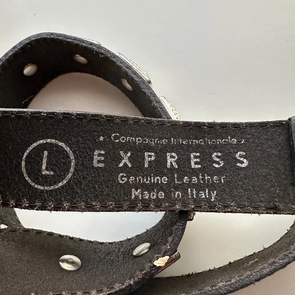 Vtg Compagnie Internationale EXPRESS Black Leather Concho Belt Made In Italy L